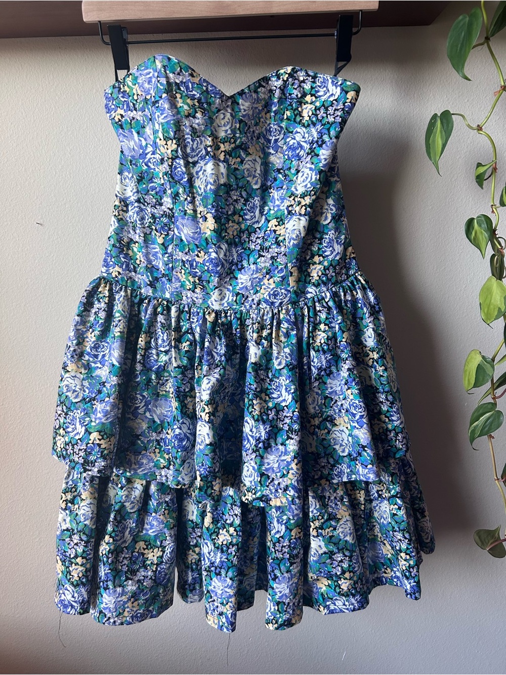 Vintage Laura Ashley Dress Strapless Blue Floral Tiered